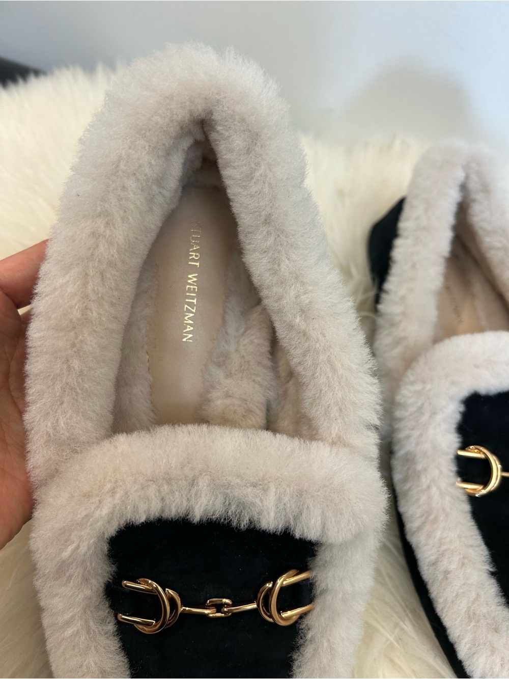 Stuart Weitzman Black Suede Loafers with Cream Shearling Trim and Gold Hardware - Picture 4 of 7